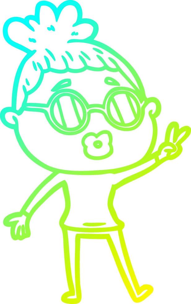 cold gradient line drawing cartoon woman making peace sign vector
