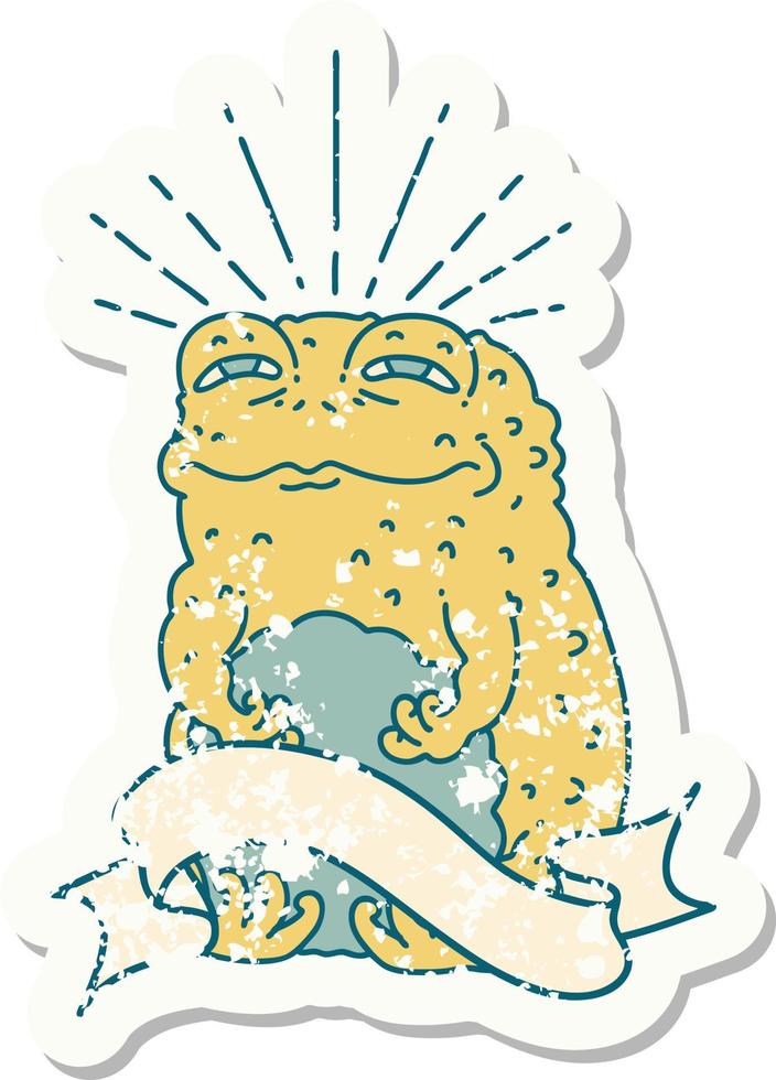 worn old sticker of a tattoo style toad character vector