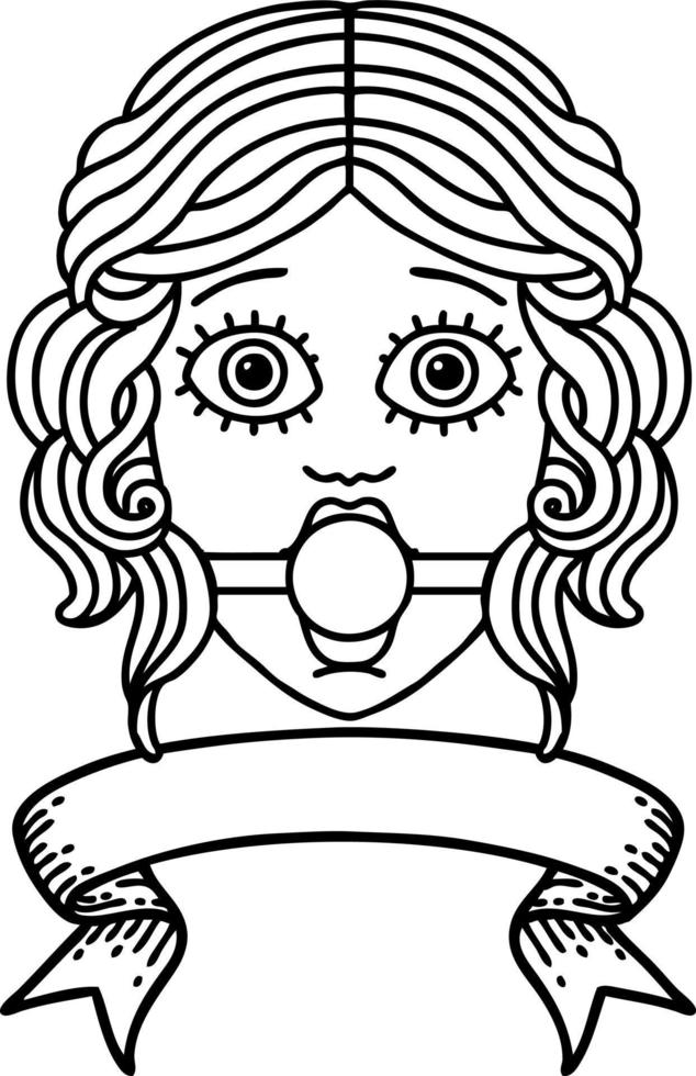 traditional black linework tattoo with banner of female face wearing a ball gag vector