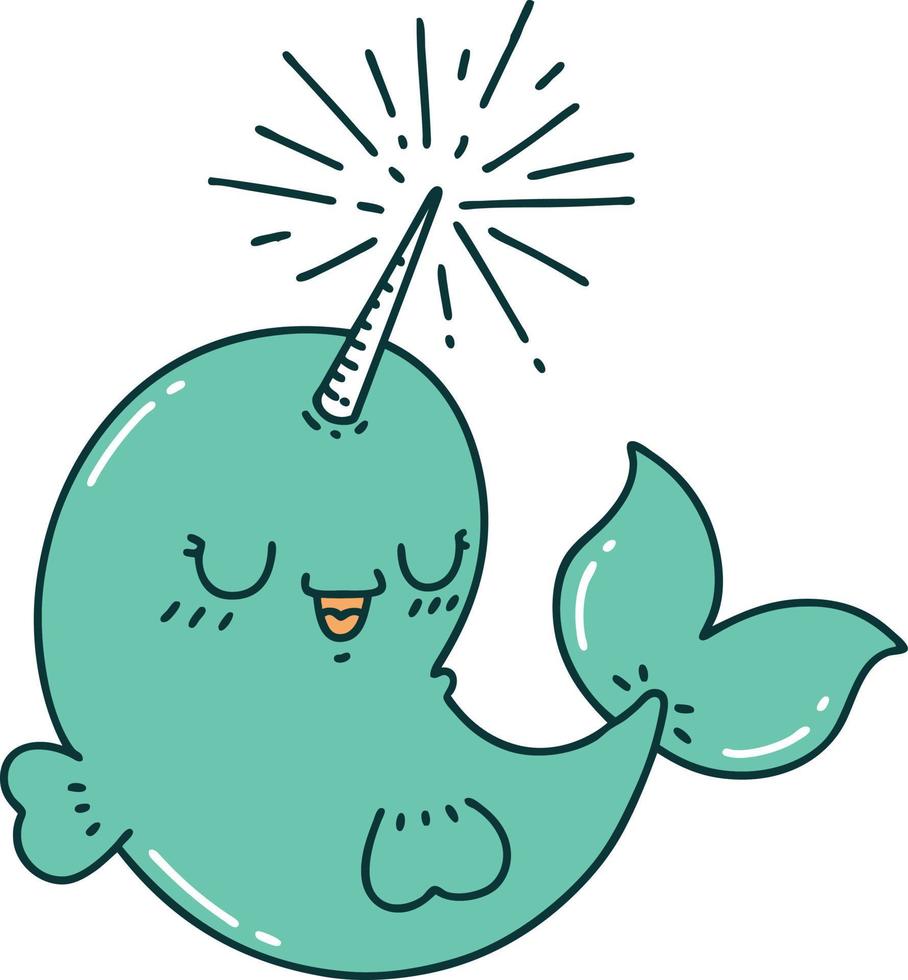 illustration of a traditional tattoo style happy narwhal vector