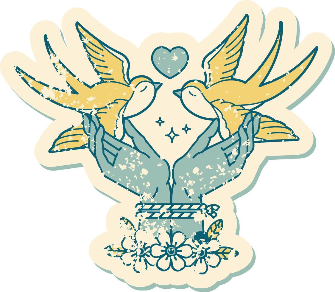 iconic distressed sticker tattoo style image of tied hands and swallows vector