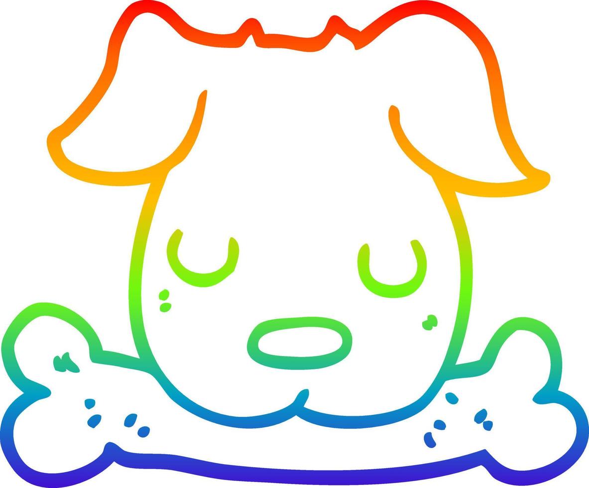 perro de dibujos animados de dibujo de línea de gradiente de arco iris con hueso vector