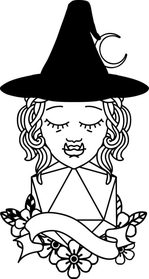 Black and White Tattoo linework Style half orc witch character with natural twenty dice roll vector