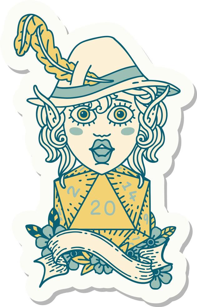 sticker of a elf bard with natural twenty dice roll vector