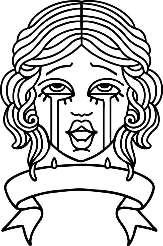 traditional black linework tattoo with banner of a very happy crying female face vector