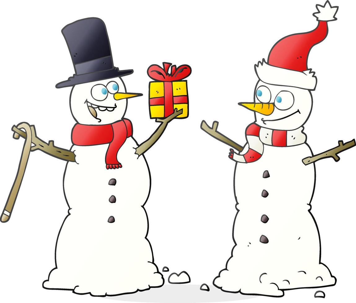 freehand drawn cartoon snowmen exchanging gifts vector