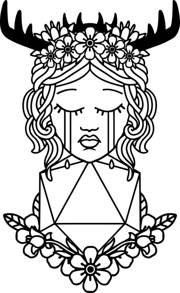 Black and White Tattoo linework Style crying human druid with natural one D20 roll vector