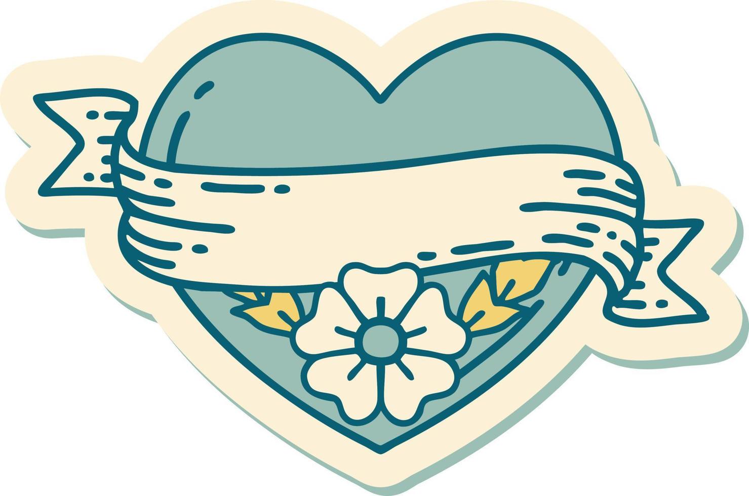 sticker of tattoo in traditional style of a heart and banner with flowers vector