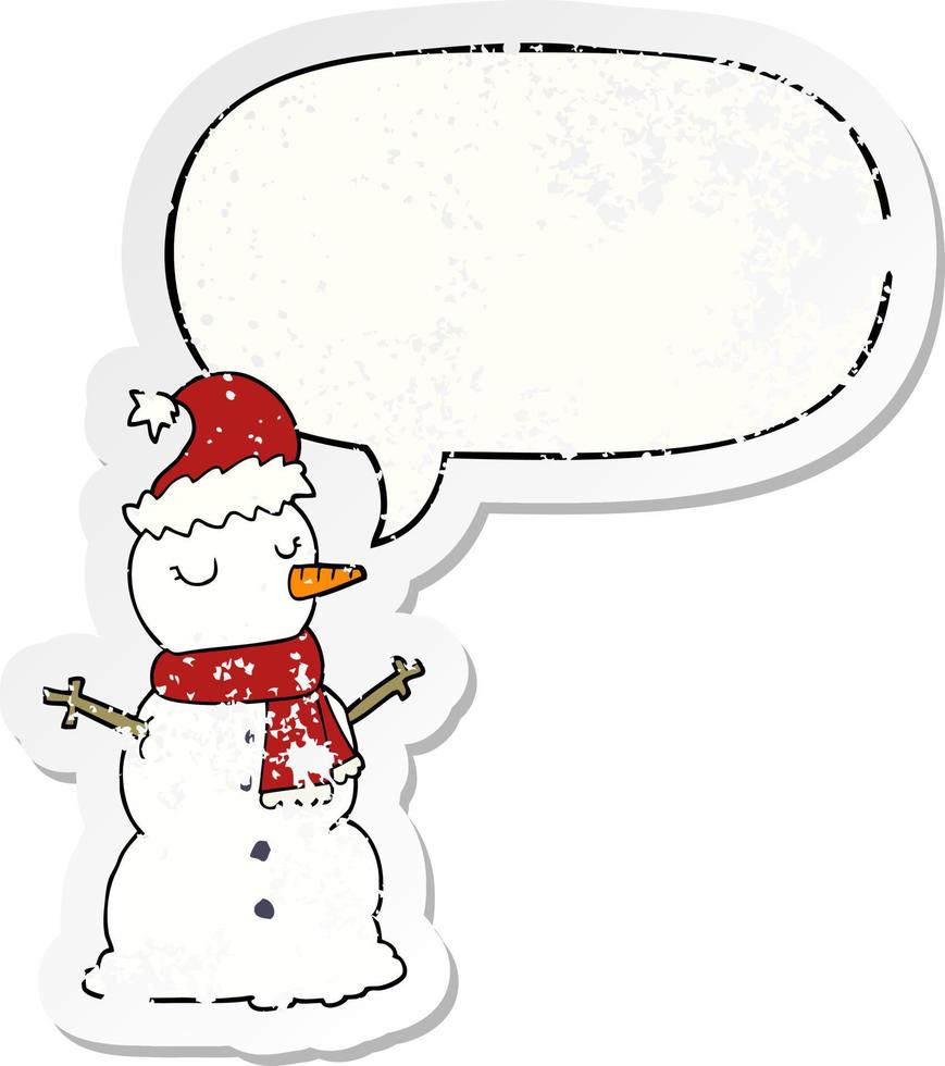 cartoon snowman and speech bubble distressed sticker vector