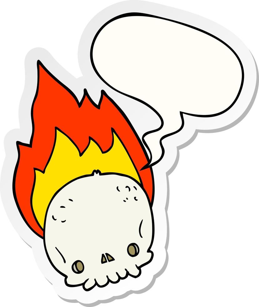 spooky cartoon flaming skull and speech bubble sticker vector