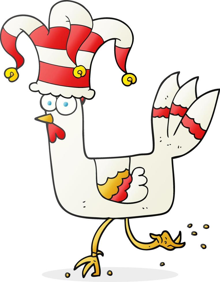 freehand drawn cartoon chicken running in funny hat vector