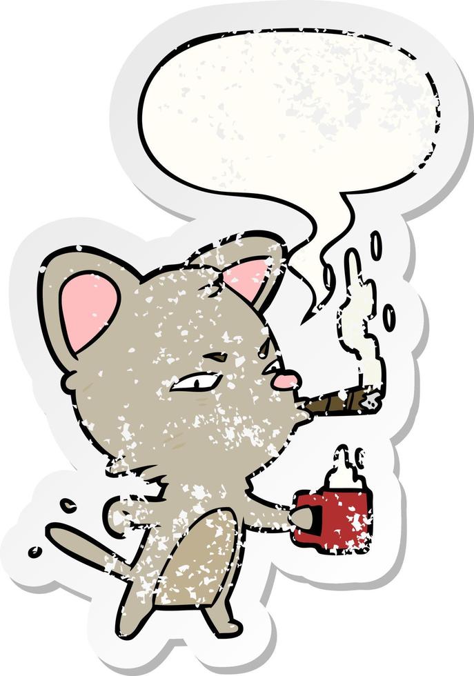 dibujos animados serio gato de negocios y café y cigarro y burbuja de habla pegatina angustiada vector