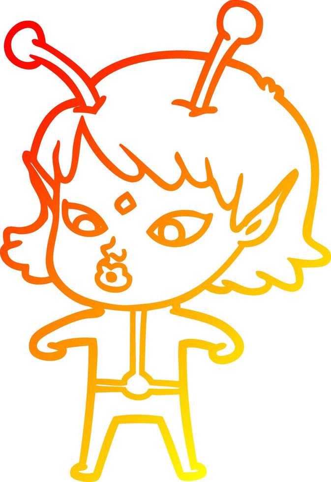 warm gradient line drawing pretty cartoon alien girl vector