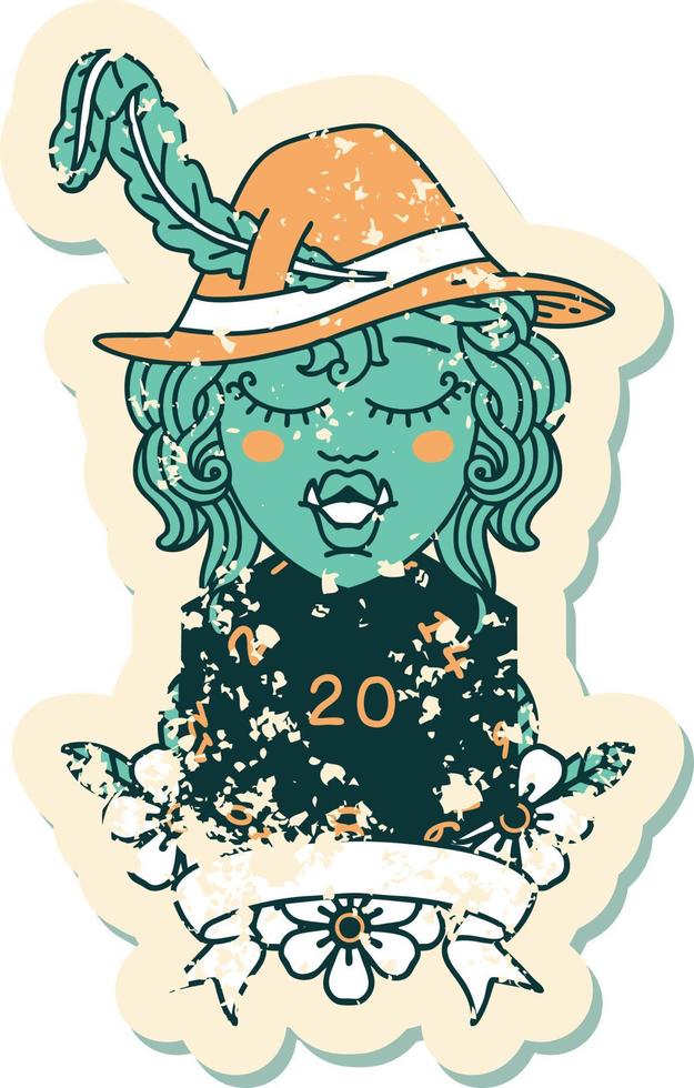 Retro Tattoo Style half orc bard with natural 20 dice roll vector