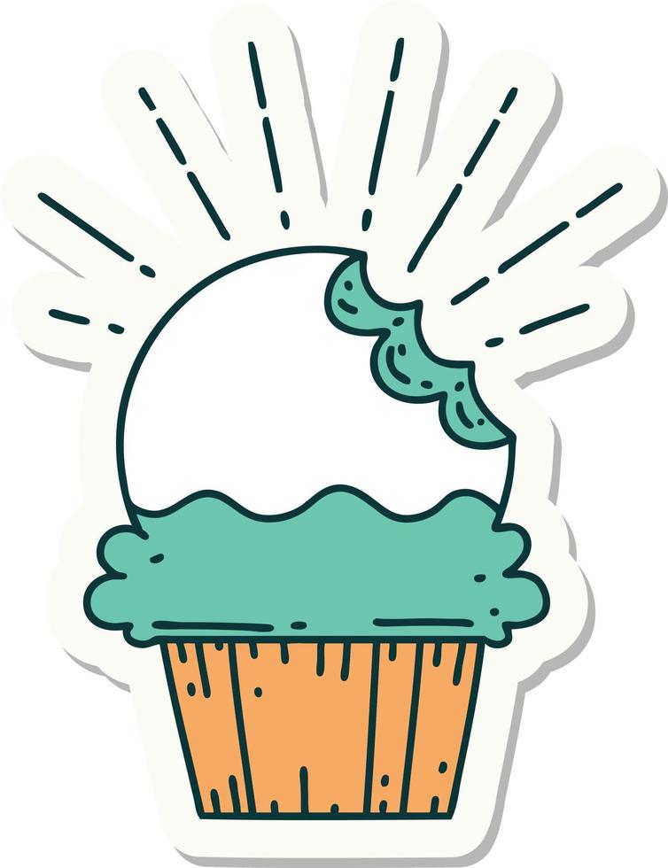 sticker of a tattoo style cupcake with missing bite vector