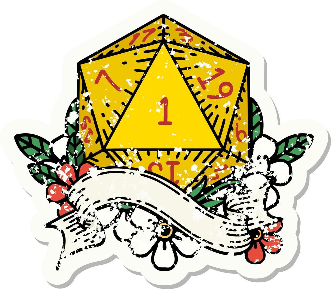 grunge sticker of a natural one d20 dice roll vector