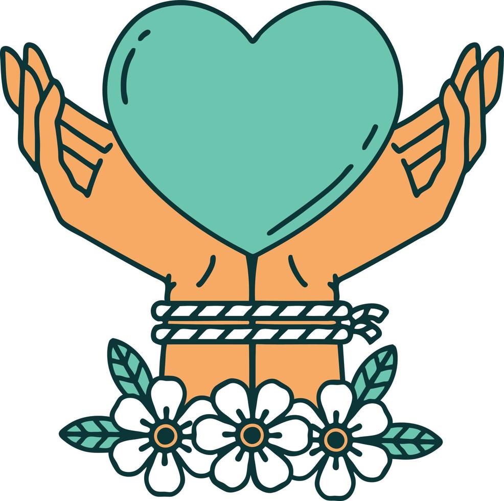 iconic tattoo style image of tied hands and a heart vector