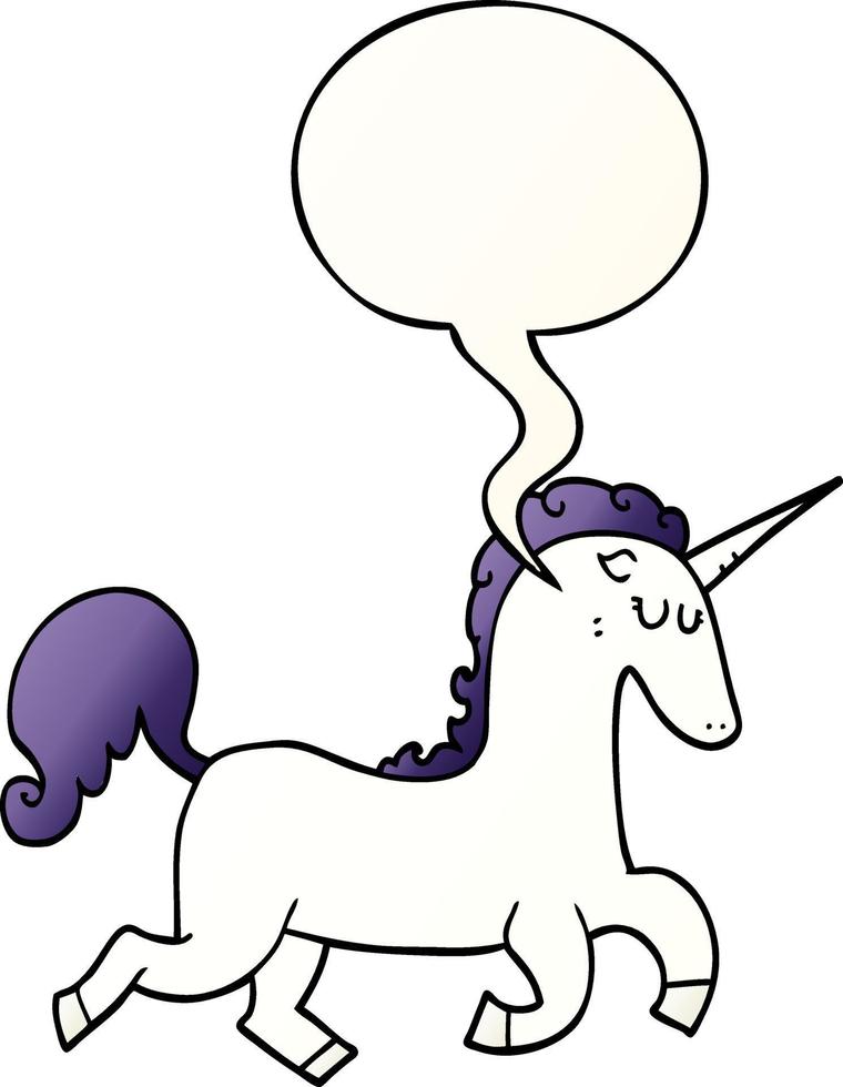 unicornio de dibujos animados y burbuja de habla en un estilo degradado suave vector