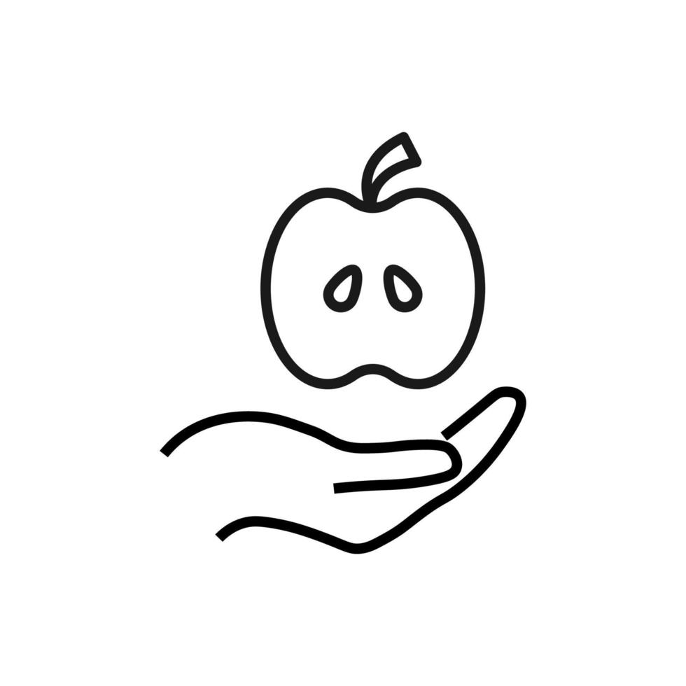 Gift, charity, support symbol. Vector sign drawn with black line. Monochrome image for adverts, banners, stores etc. Line icon of apple over outstretched hand