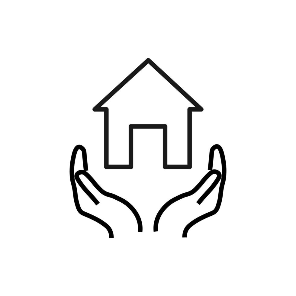 Support, present and charity concept. Modern vector sign drawn with black thin line. Editable stroke. Vector line icon of house or home over outstretched hands