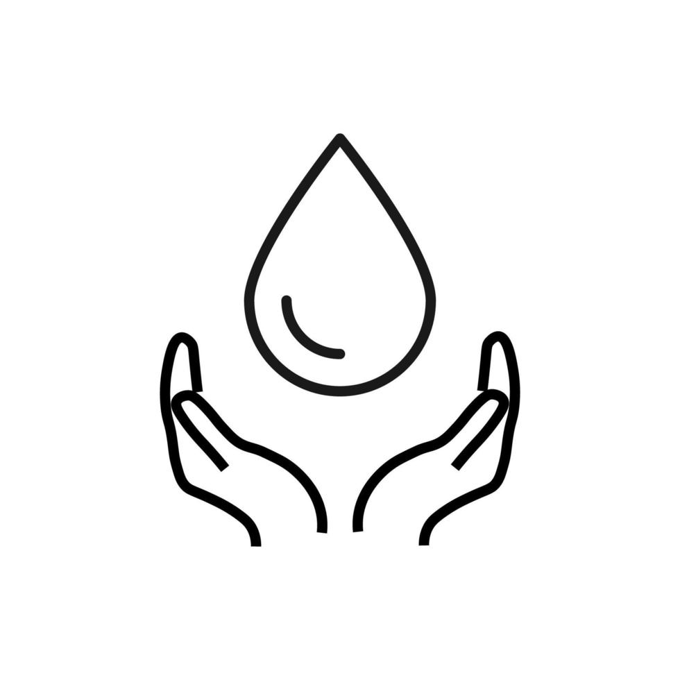 Support, present and charity concept. Modern vector sign drawn with black thin line. Editable stroke. Vector line icon of drop over outstretched hands