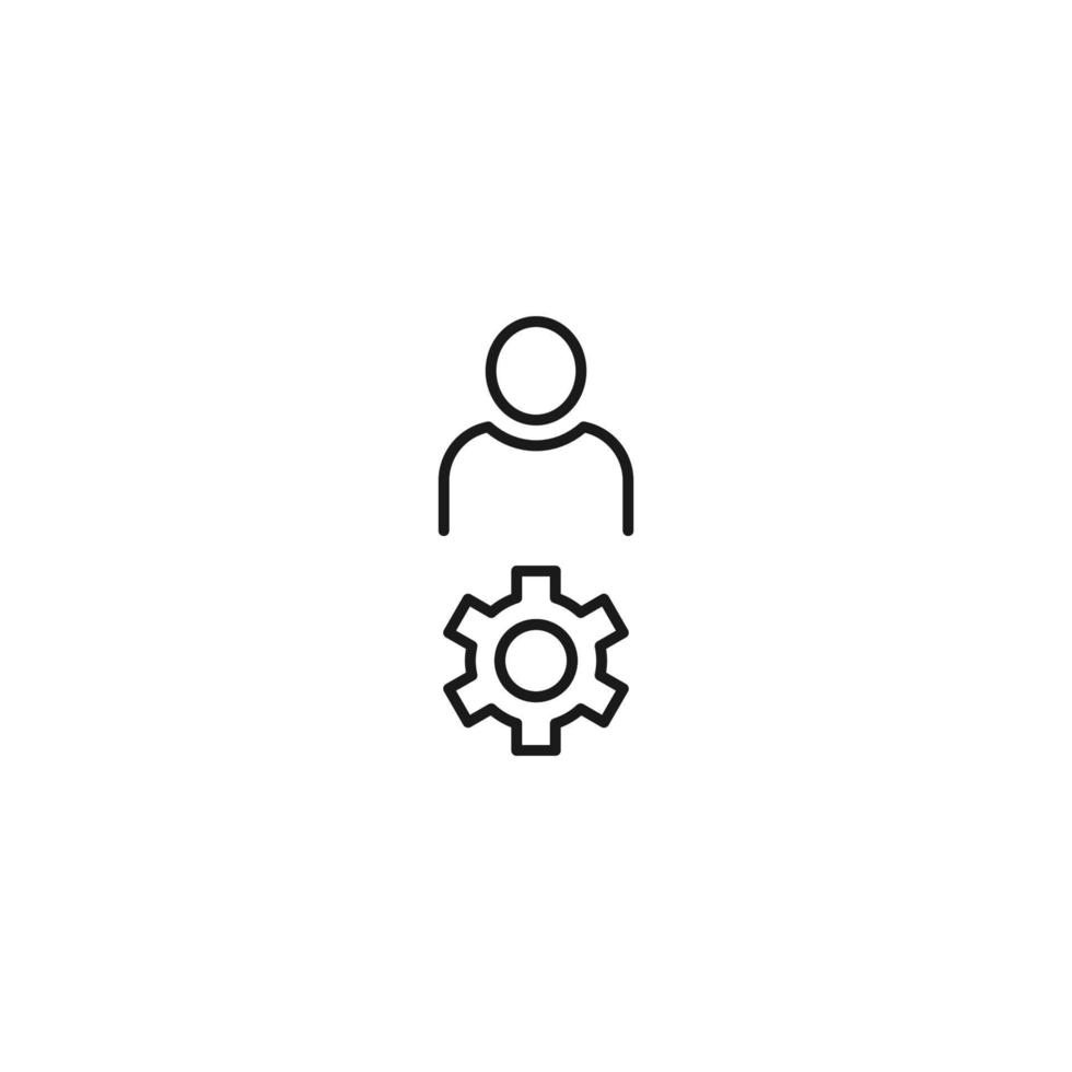 Black and white sign suitable for advertisement, web sites, stores, shops, apps. Editable stroke drawn with thin black line. Vector icon of user next to cogwheel or gear