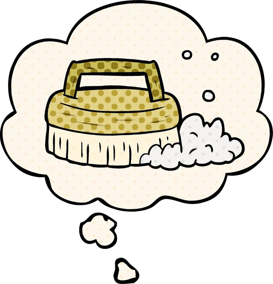 cartoon scrubbing brush and thought bubble in comic book style vector