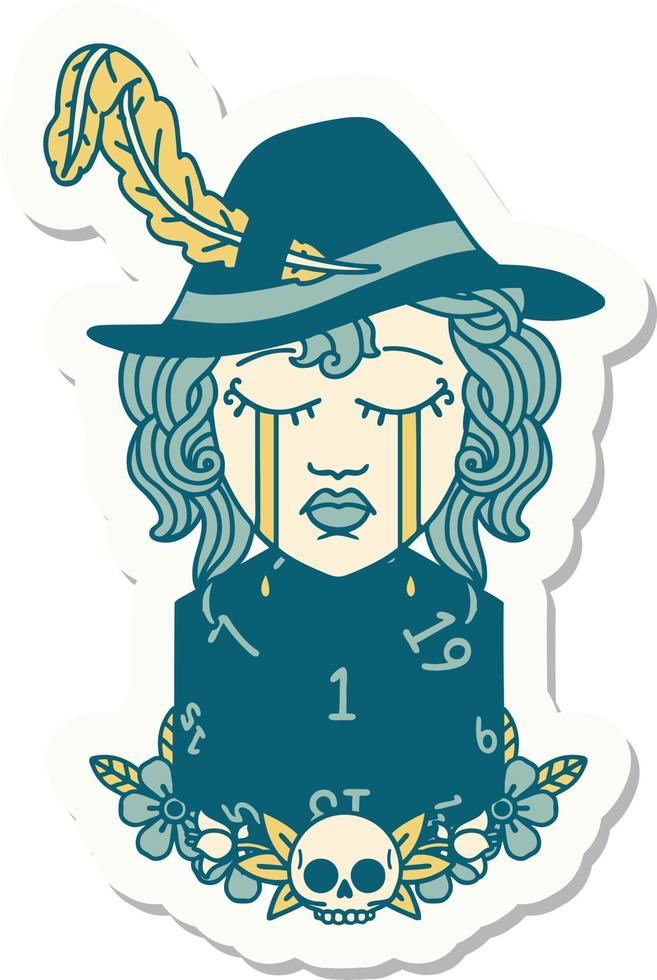 sticker of a crying human bard with natural one D20 dice roll vector