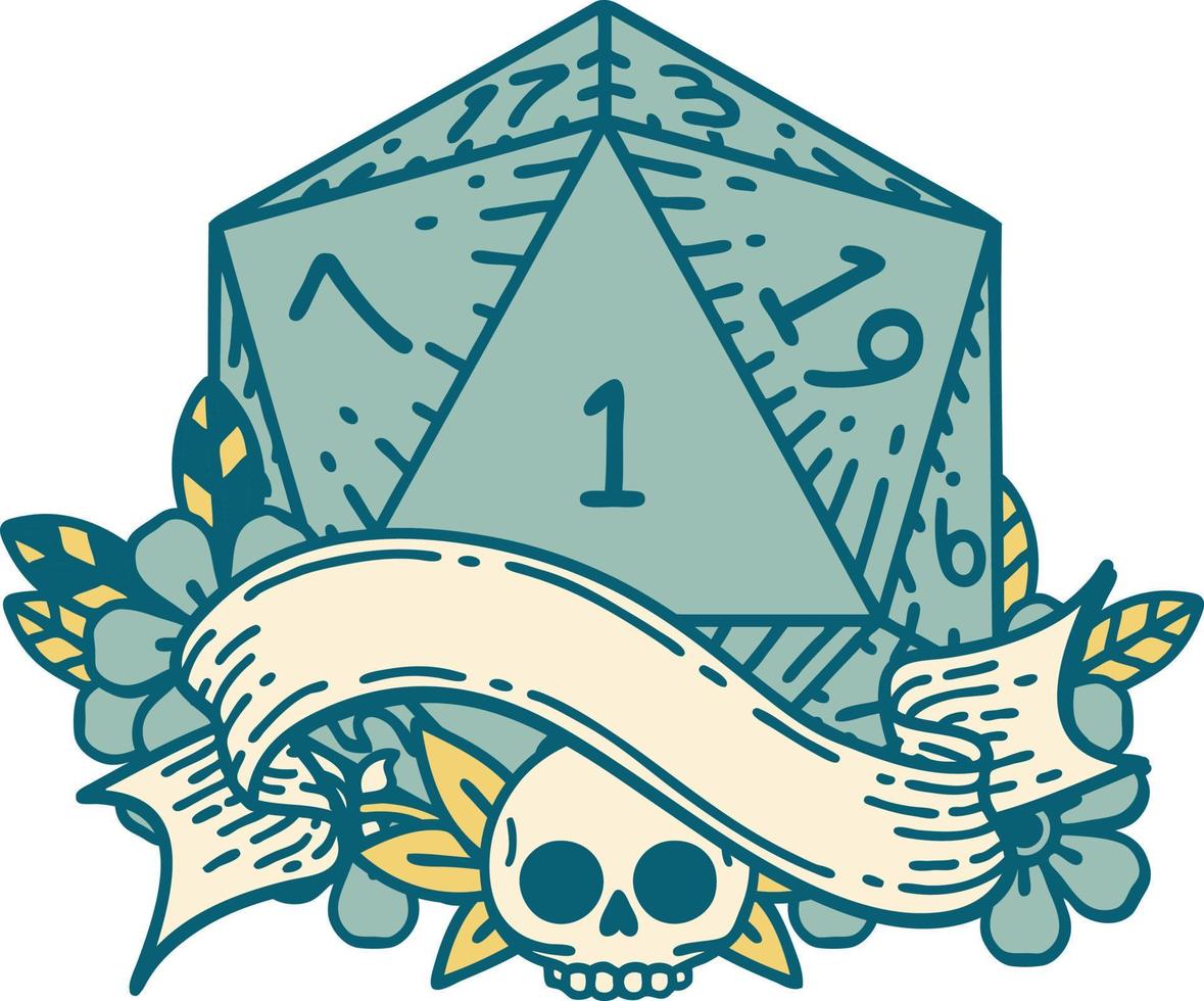 estilo de tatuaje retro natural uno d20 tirada de dados vector