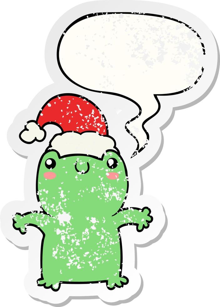cute cartoon frog wearing christmas hat and speech bubble distressed sticker vector