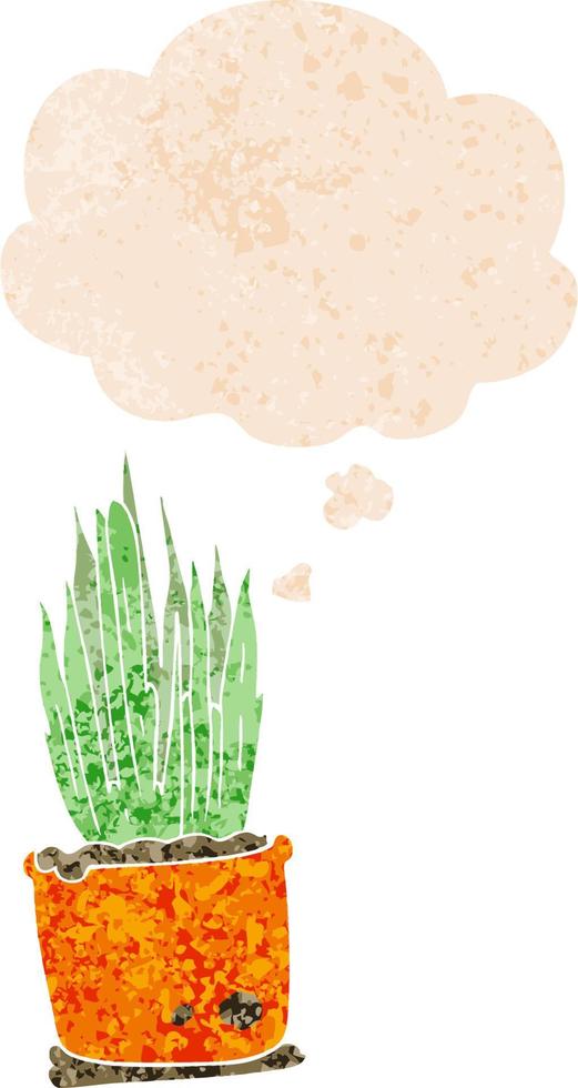 cartoon house plant and thought bubble in retro textured style vector
