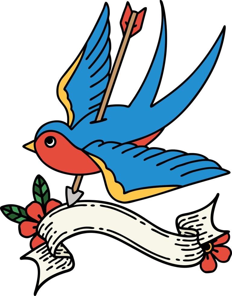 tatuaje tradicional con pancarta de golondrina vector