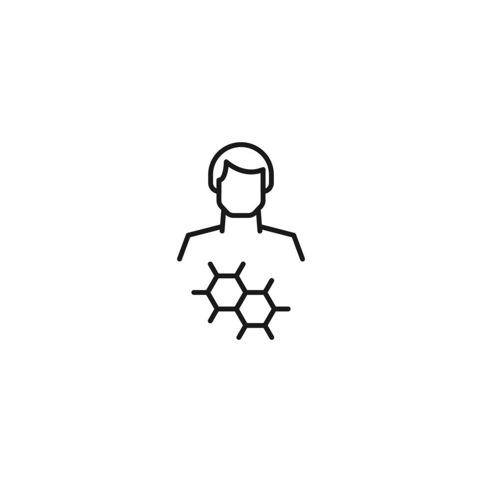 Monochrome sign drawn with black thin line. Modern vector symbol perfect for sites, apps, books, banners etc. Line icon of chemical compound next to faceless man