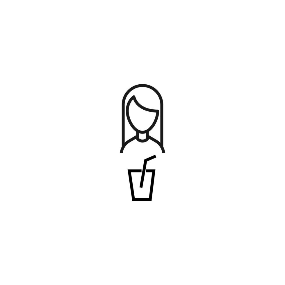 Vector signs drawn in flat style with thin black line. Editable stroke. Suitable for adverts, books, articles, banners. Line icon of cup of soda next to faceless woman