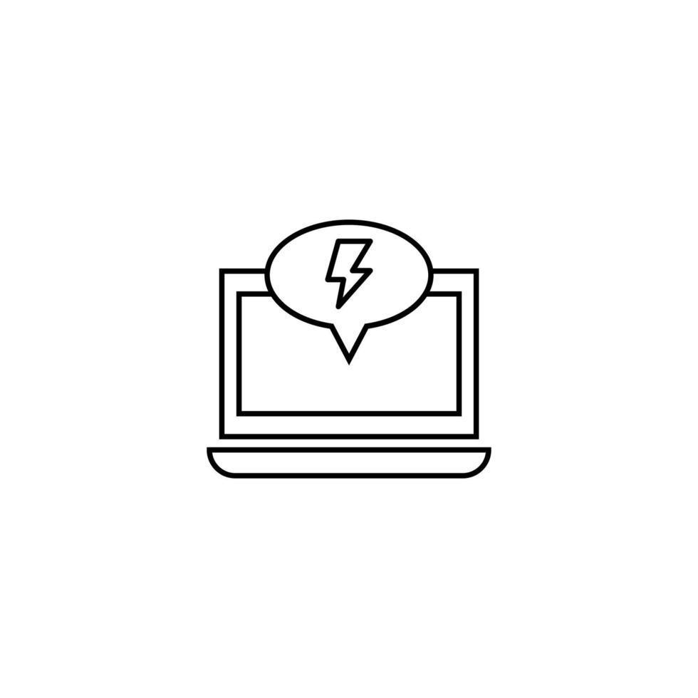 Computer, internet and communication concept. Modern monochrome sign in flat style. Suitable for web sites, stores, books etc. Line icon of lightning inside of speech bubble on laptop monitor vector