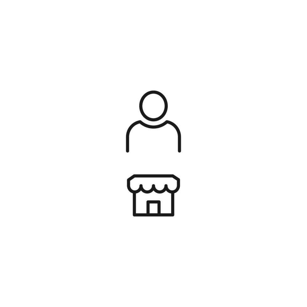 Black and white sign suitable for advertisement, web sites, stores, shops, apps. Editable stroke drawn with thin black line. Vector icon of user next to store or shop