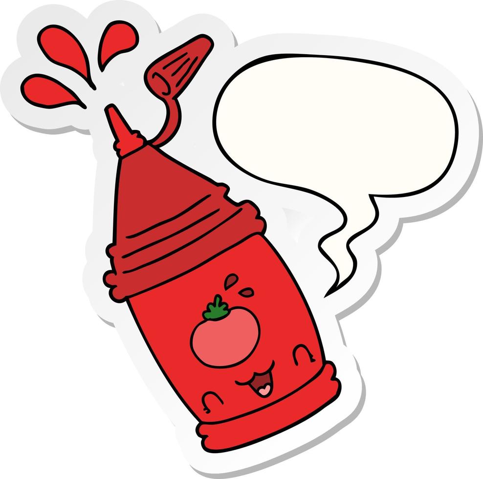 botella de ketchup de dibujos animados y pegatina de burbuja de habla vector