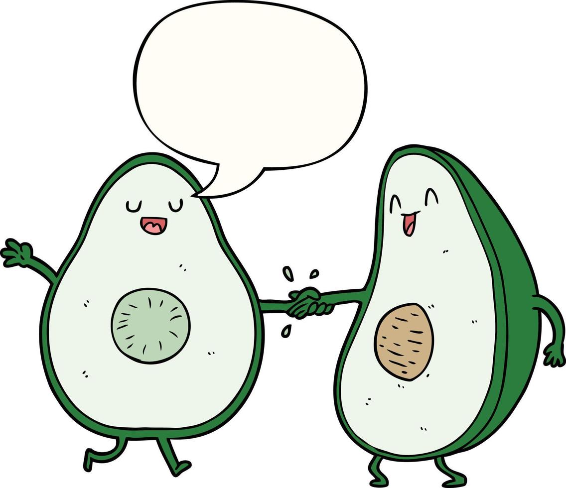 cartoon dancing avocados and speech bubble vector