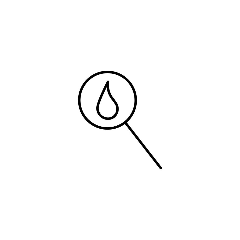 Outline symbols in flat style. Modern signs drawn with thin line. Editable strokes. Suitable for advertisements, books, internet stores. Line icon of drop of water or blood under magnifying glass vector