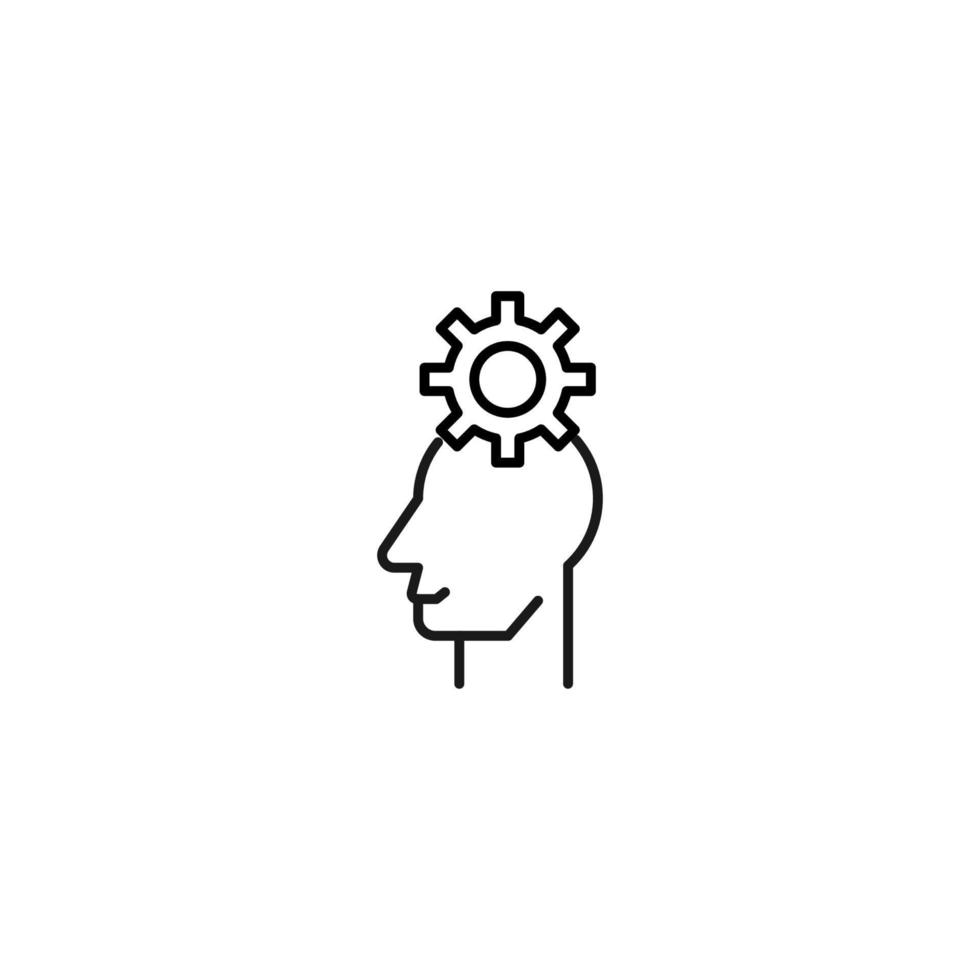 Hobbies, thought and ideas concept. Vector sign drawn in flat style. Editable stroke. Line icon of gear or cogwheel over head of man