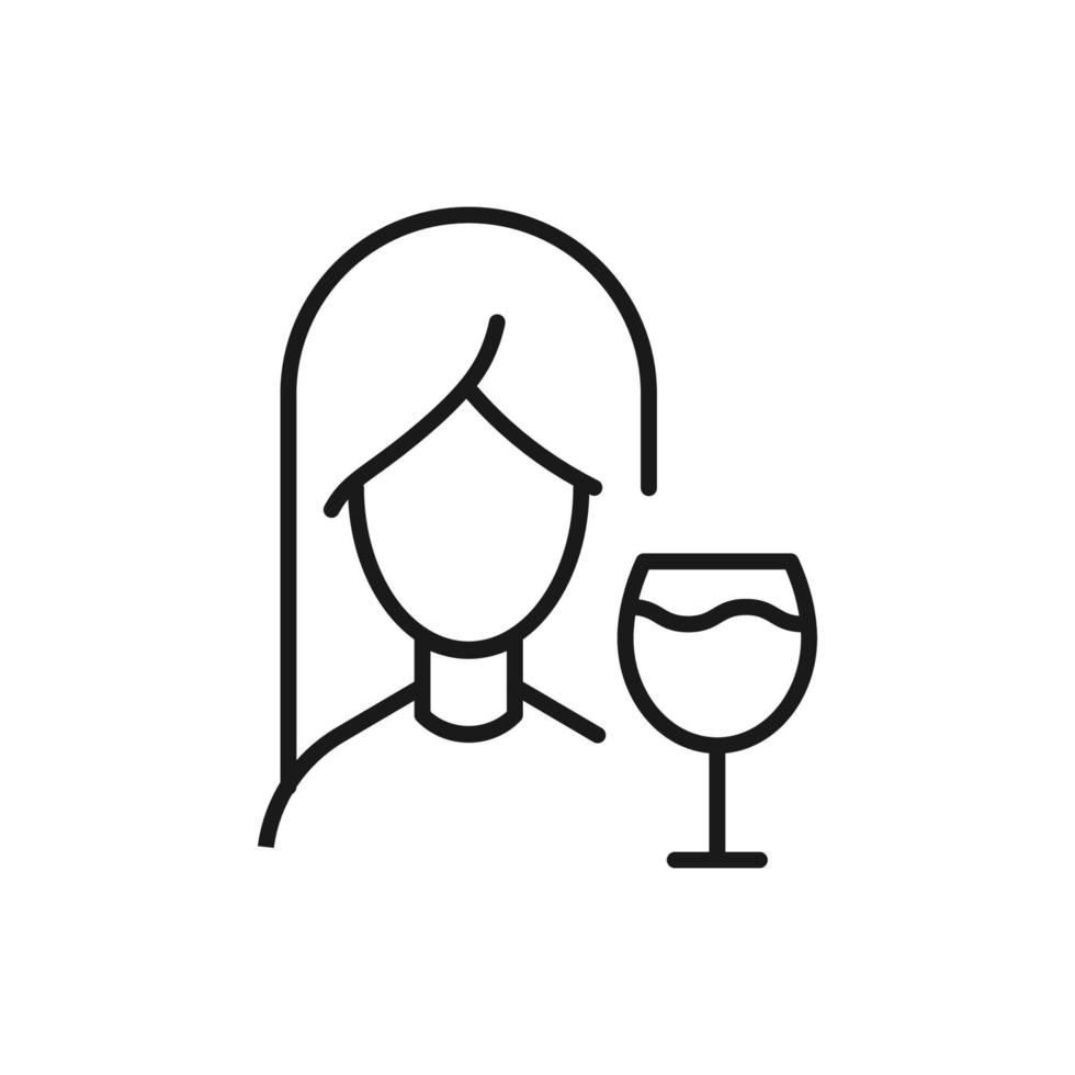 Profession, occupation, hobby of woman. Outline sign drawn with black thin line. Editable stroke. Vector monochrome line icon of glass of wine by female