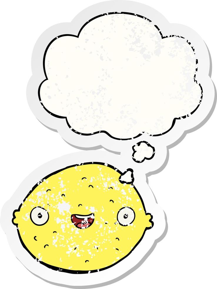 cartoon lemon and thought bubble as a distressed worn sticker vector