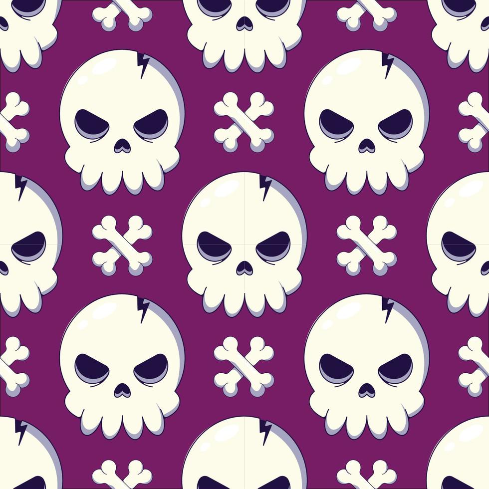 Holiday, fantasy and holiday concept. Seamless pattern of crossed bones and big scull on violet background. Suitable for wrapping, fabric, textile, wallpapers, giftboxes, postcards vector