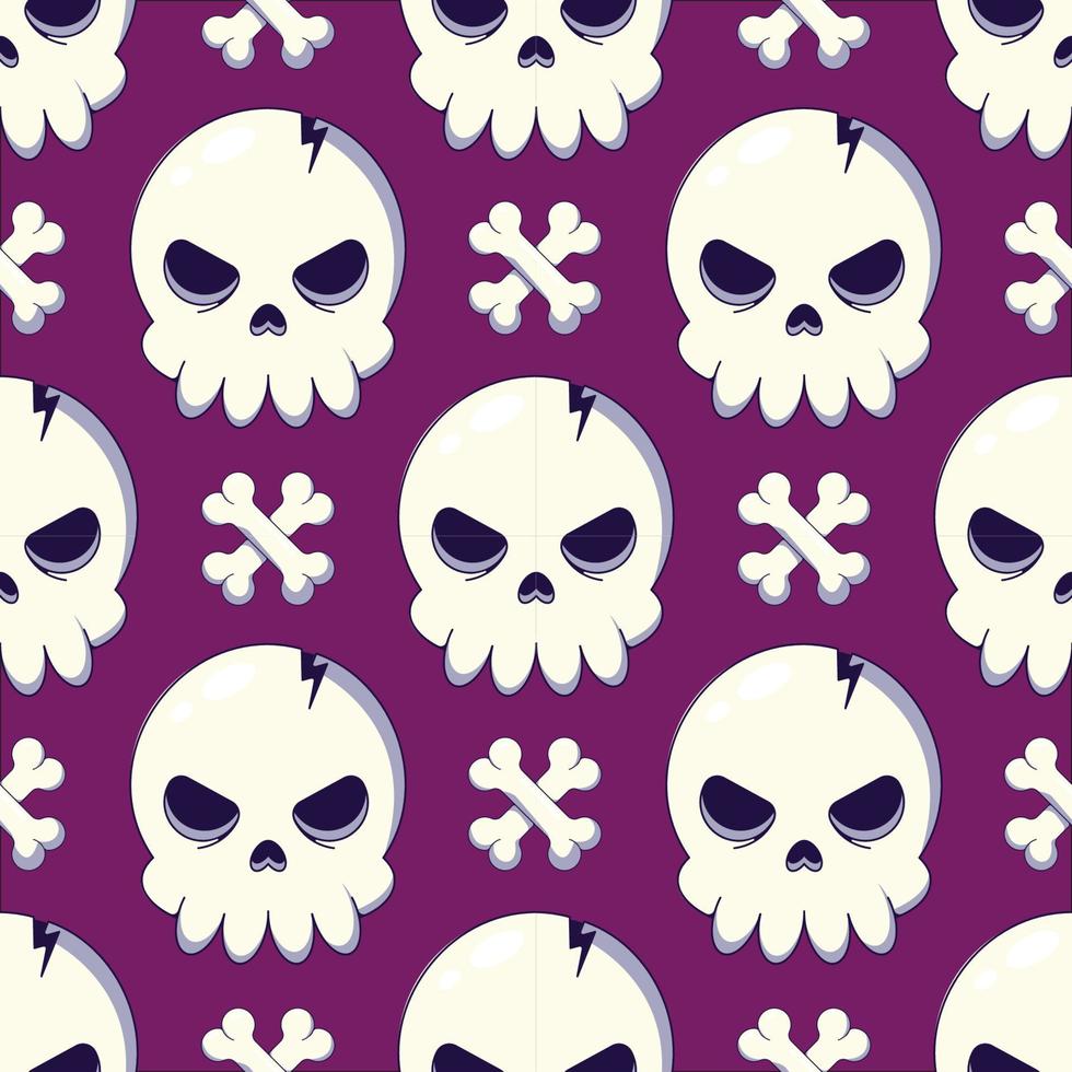 Holiday, fantasy and holiday concept. Seamless pattern of crossed bones and big scull on violet background. Suitable for wrapping, fabric, textile, wallpapers, giftboxes, postcards vector