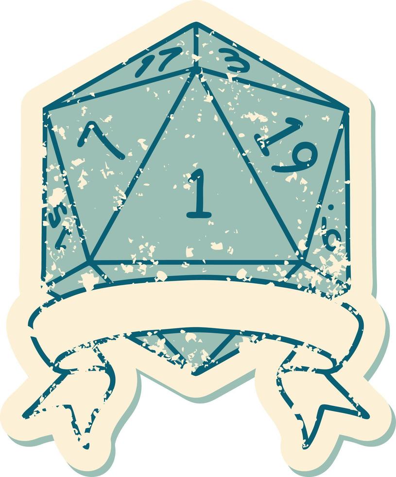 Retro Tattoo Style natural one d20 dice roll vector