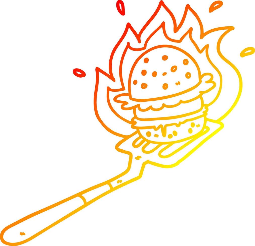 warm gradient line drawing cartoon flaming burger on spatula vector