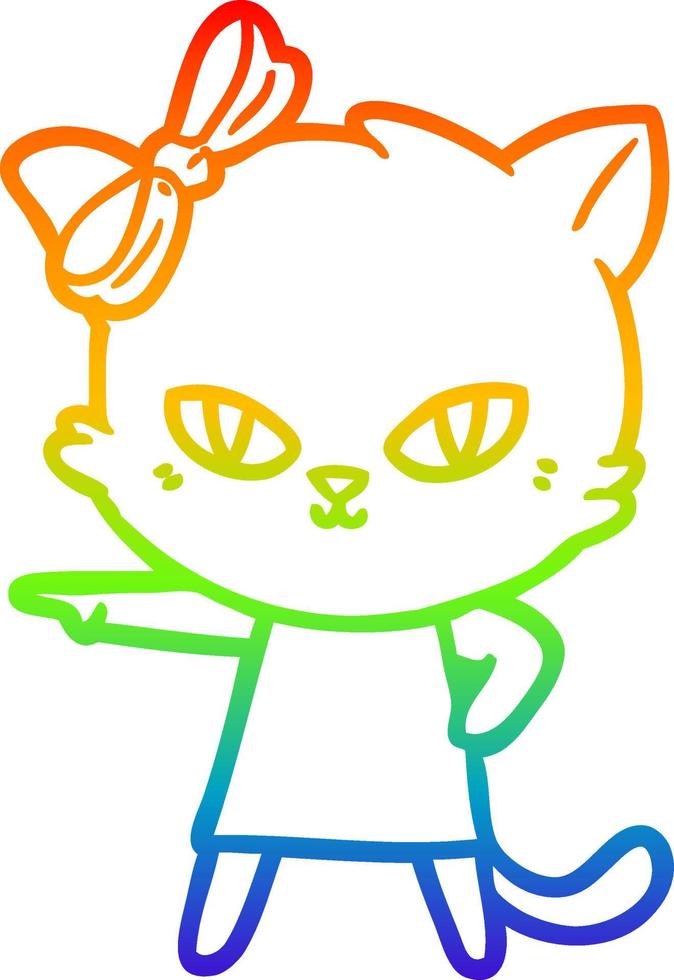 dibujo de línea de gradiente de arco iris lindo gato de dibujos animados con vestido vector