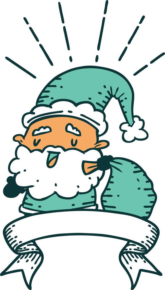 scroll banner with tattoo style santa claus christmas character with sack vector