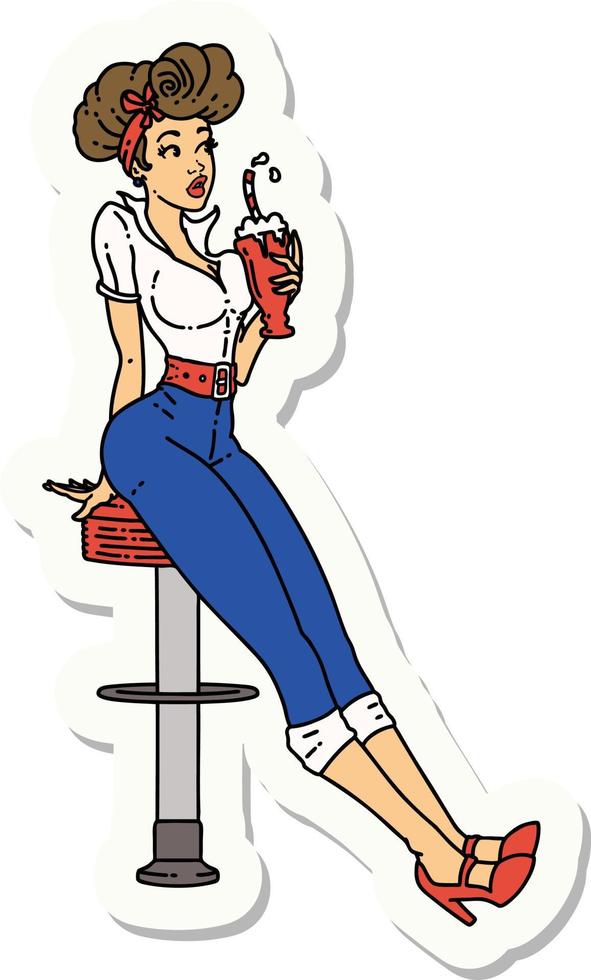 sticker of tattoo in traditional style of a pinup girl drinking a milkshake vector