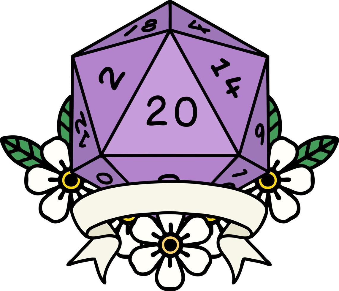 Retro Tattoo Style natural 20 critical hit D20 dice roll vector